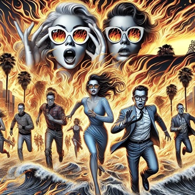 A surreal scene with panicked individuals running from flames engulfing a cityscape, with dramatic sunglasses reflecting the fire and oversized faces looming in the background.