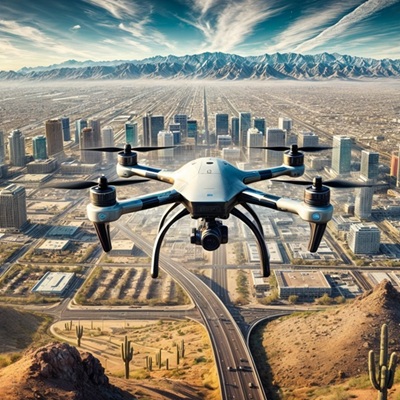 A drone flying over a modern cityscape surrounded by desert, featuring tall skyscrapers, cacti, and rugged mountains under a vibrant sky.