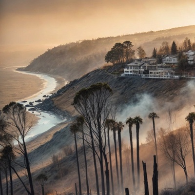 A smoky, burnt hillside with scattered remains of trees and charred vegetation overlooking the coastline.