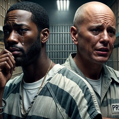 Rendering of two prisoners crying behind bars.
