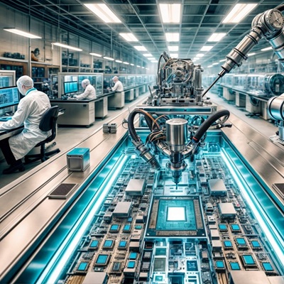 A semiconductor assembly line with robotic equipment, illuminated chips, and scientists in lab coats working on detailed computer systems in a clean, modern facility.