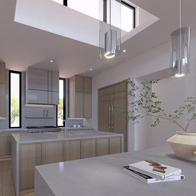 A modern kitchen rendering at Serene showcasing sleek wood cabinetry, a large island, pendant lighting, and natural light streaming through high windows.