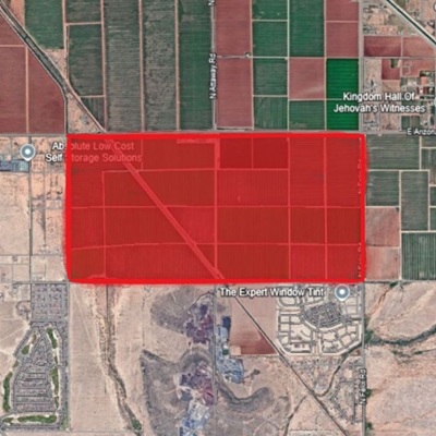 Aerial map showing the outlined 389-acre area designated for the Silver Cross Ranch development in San Tan Valley.