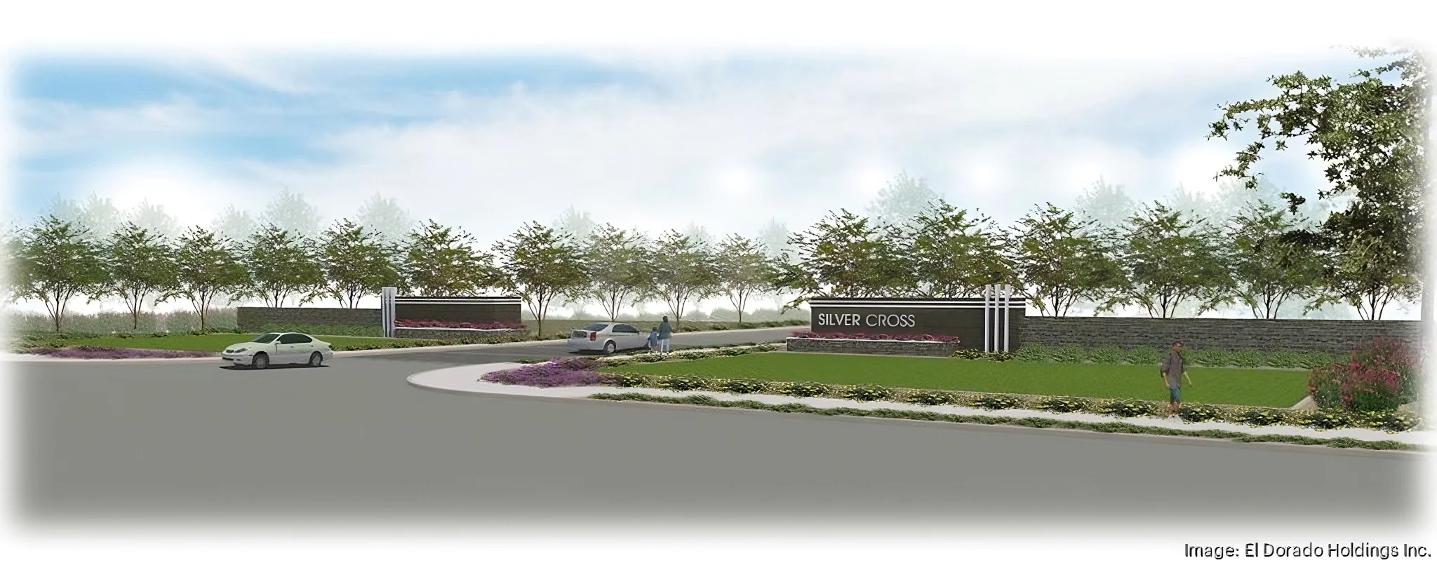 Conceptual rendering of the Silver Cross Ranch entrance with landscaping, signage, and a tree-lined roadway.
