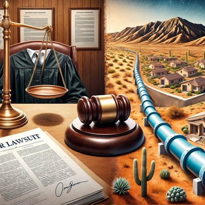 On the left, a judge’s gavel and legal documents; on the right, a desert landscape with a water pipeline leading to suburban homes.