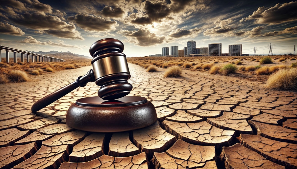 A large gavel striking down on cracked desert ground, symbolizing Arizona’s water lawsuit. In the background, a city skyline stands under a dramatic, cloudy sky.