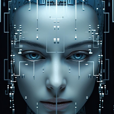 Futuristic AI face with glowing blue eyes and digital circuits.