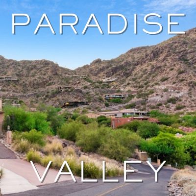 The words Paradise Valley written over a desert hillside dotted with custom homes, cacti, and winding roads, set under clear skies.