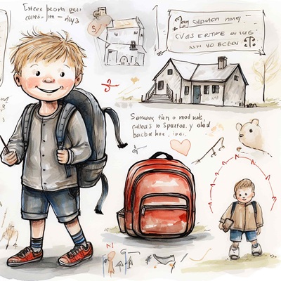 A cheerful young boy with a backpack, surrounded by sketches of a house, a red backpack, and handwritten notes.