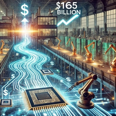 A high-tech chip manufacturing facility with robotic arms assembling microchips, while glowing financial streams represent billions in investment.