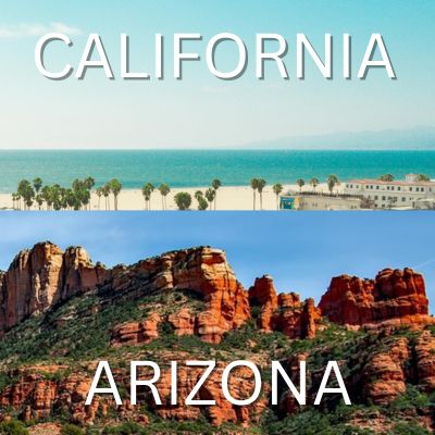 Split image showing California beach and Arizona red rocks with the words 'California' and 'Arizona' written over it.