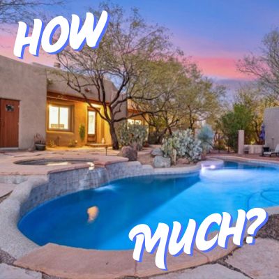 Desert-style backyard with a curvy pool, spa, and “How Much?” text overlay.
