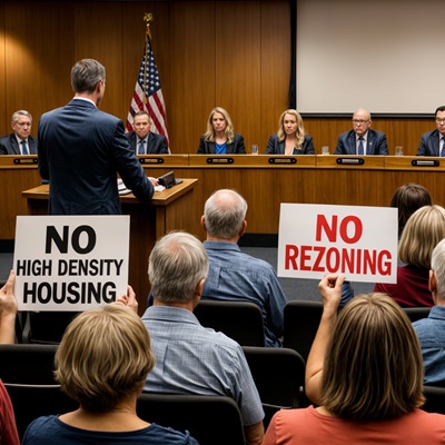 Rendering depicting a city council meeting with people holding up signs in protest.