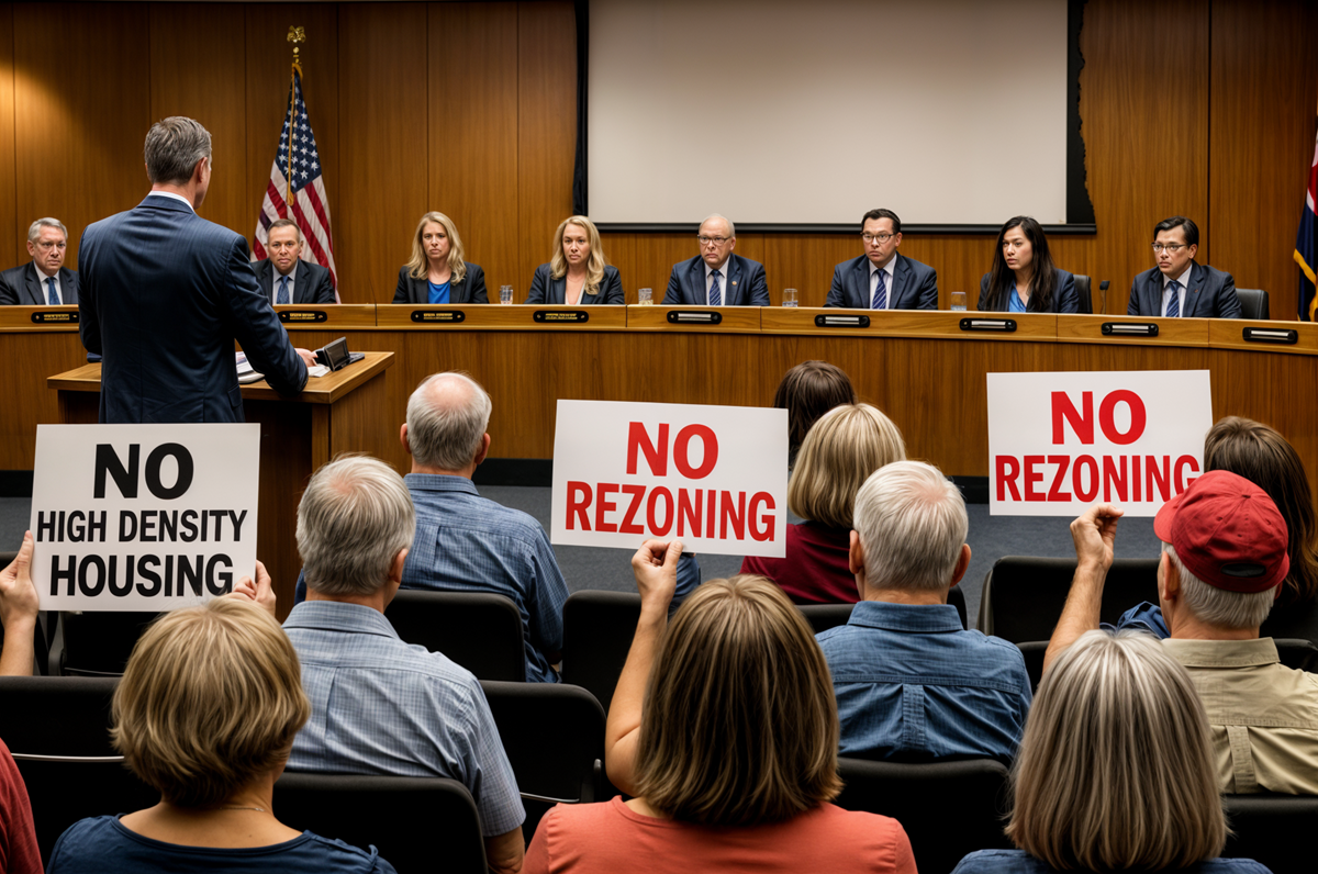 Rendering depicting a city council meeting with people holding up signs in protest.