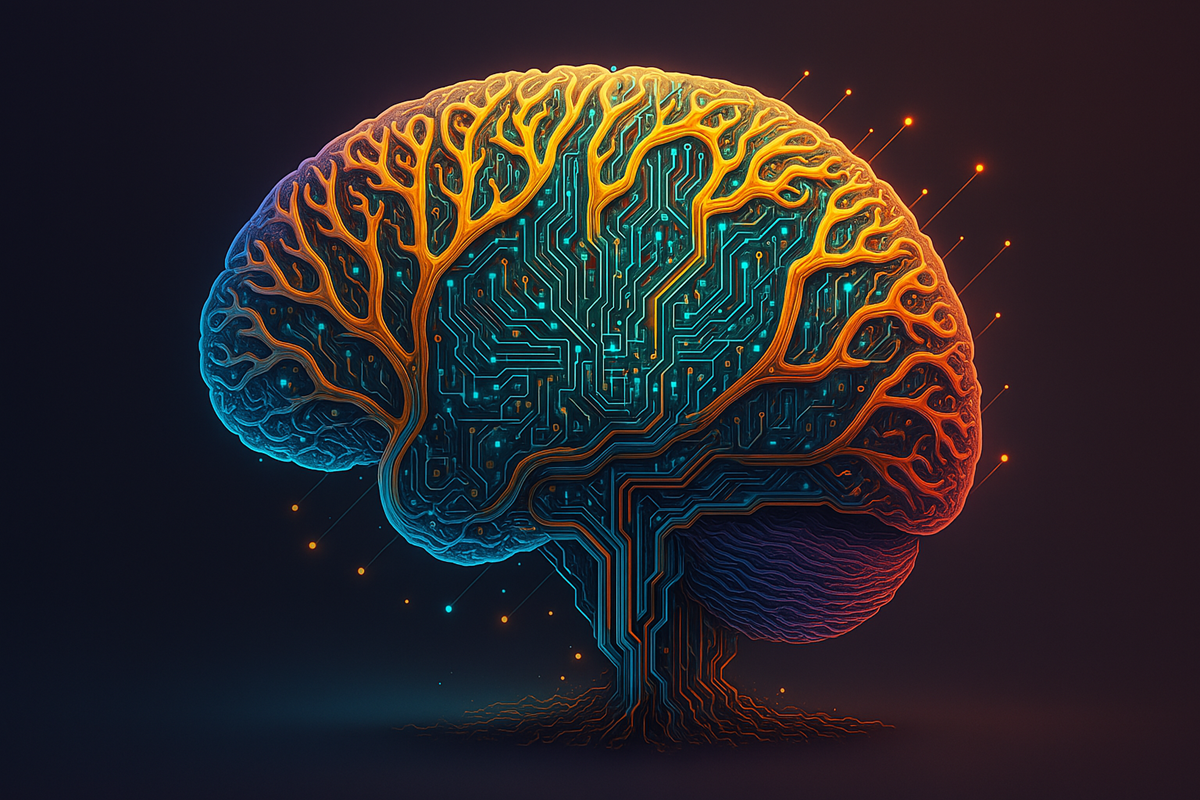 Futuristic digital brain with glowing circuitry and vibrant tree-like patterns merging technology and biology.