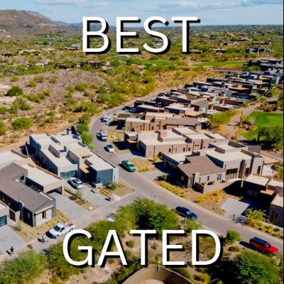 Aerial of Desert Mountain gated homes in Scottsdale’s desert hills; overlay text says “BEST GATED.