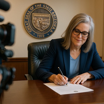 Rendering of Katie Hobbs sign a bill.