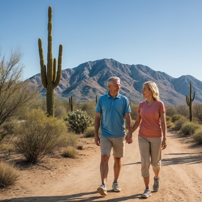 A retired couple walking hand in hand on a desert trail lined with cacti, with mountains in the background.