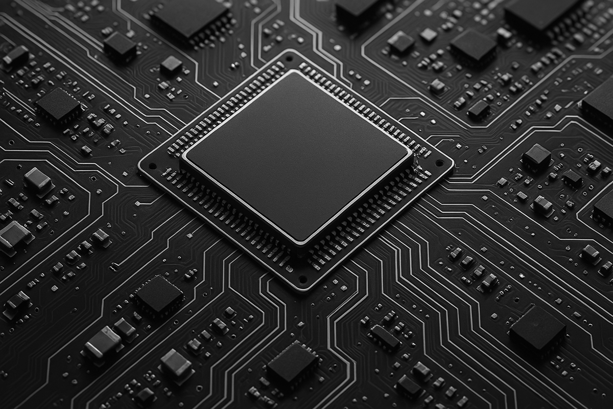 Close-up of a black microchip on a detailed, dark circuit board with silver traces and electronic components.
