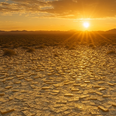 A bunch of money spread across the desert at sunset.
