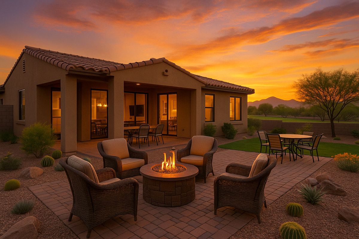 Back patio with fire pit, seating area, and desert plants, overlooking golf course at sunset.