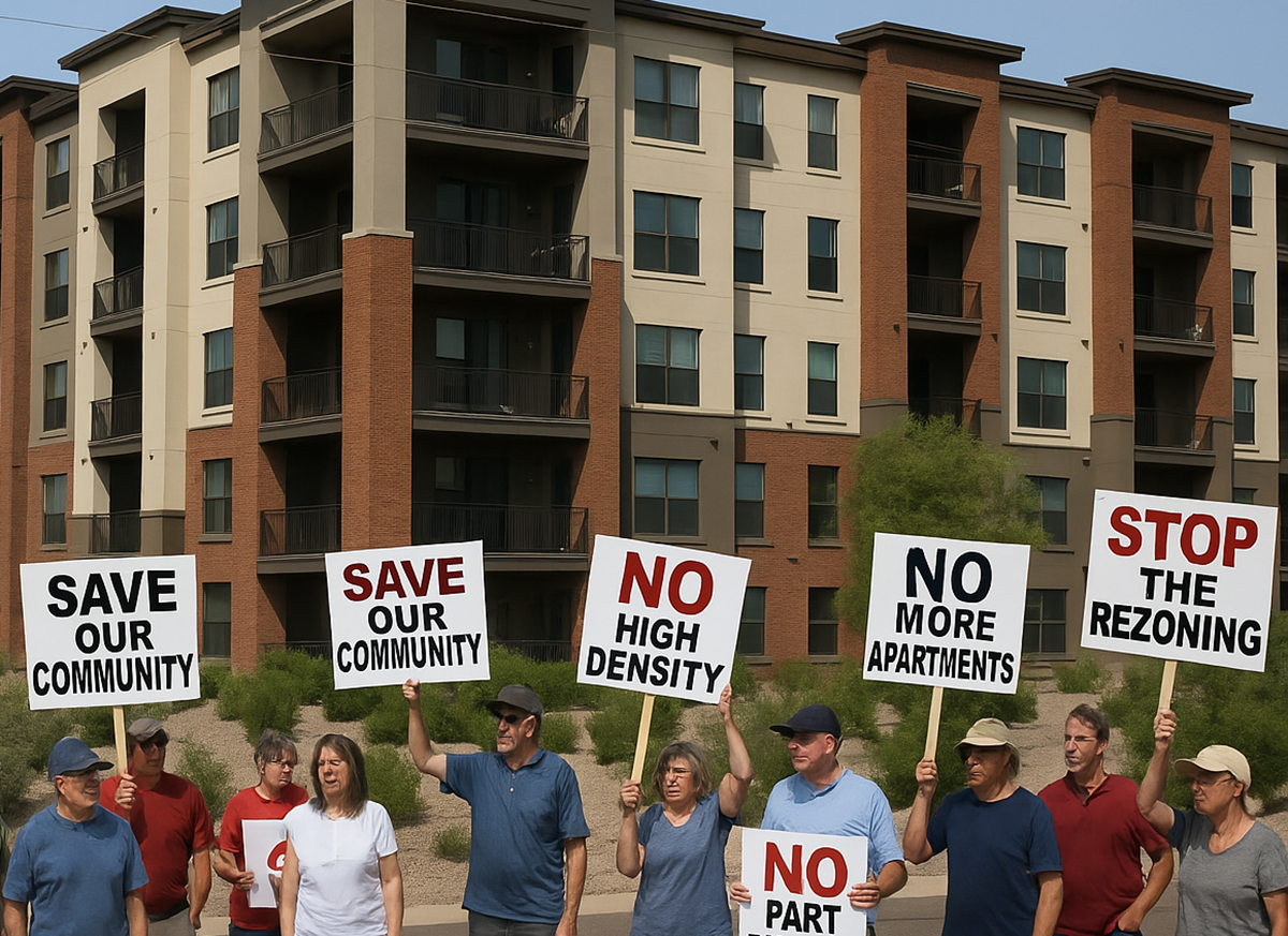 Rendering depicting protestors outside of an apartment building.