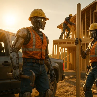 Two robots in hard hats and jeans building a luxury home at sunset, with one stepping out of a truck.