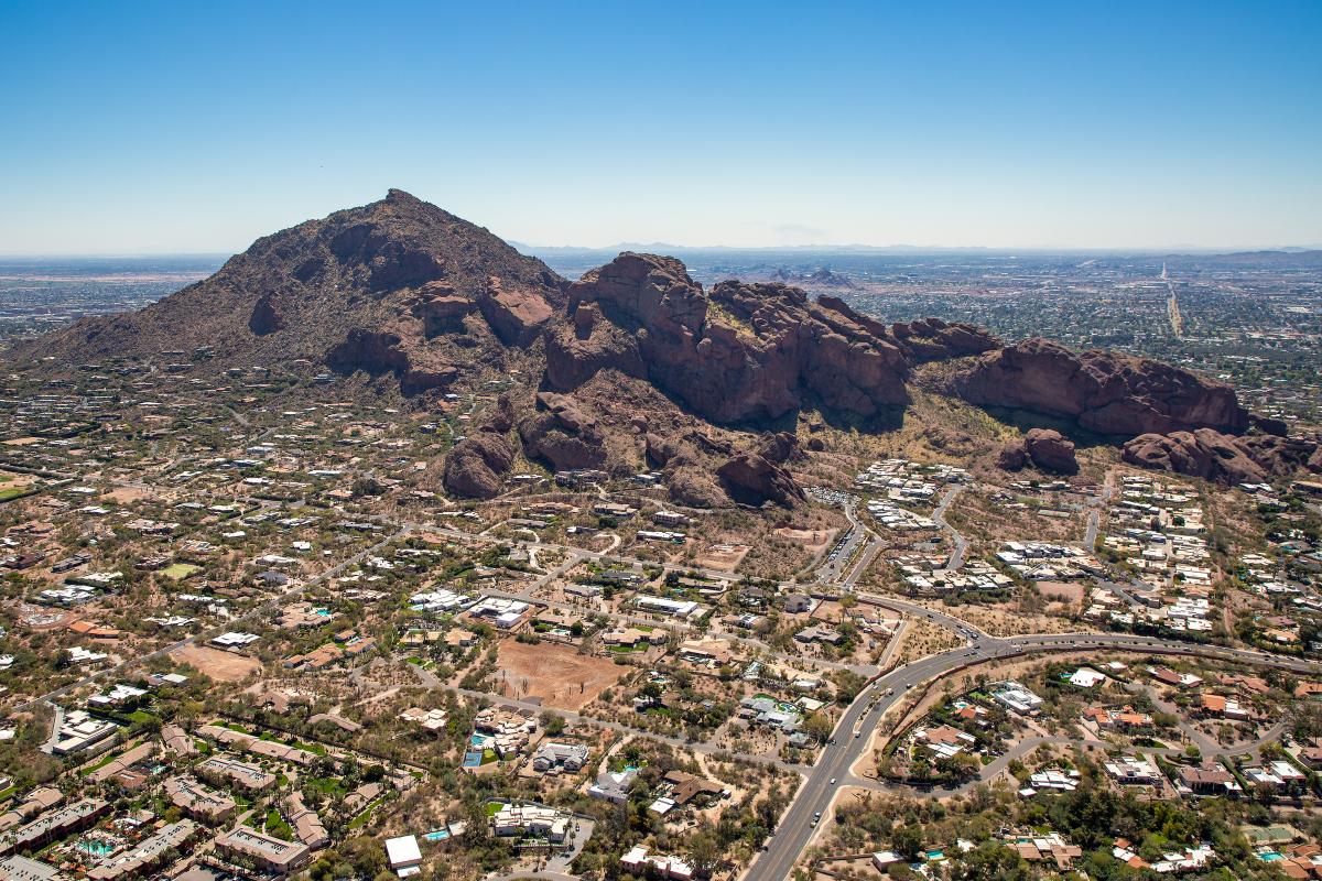 Aerial view of Camelback Mountain looking from over Paradise Valley, Arizona from the NW to the SE