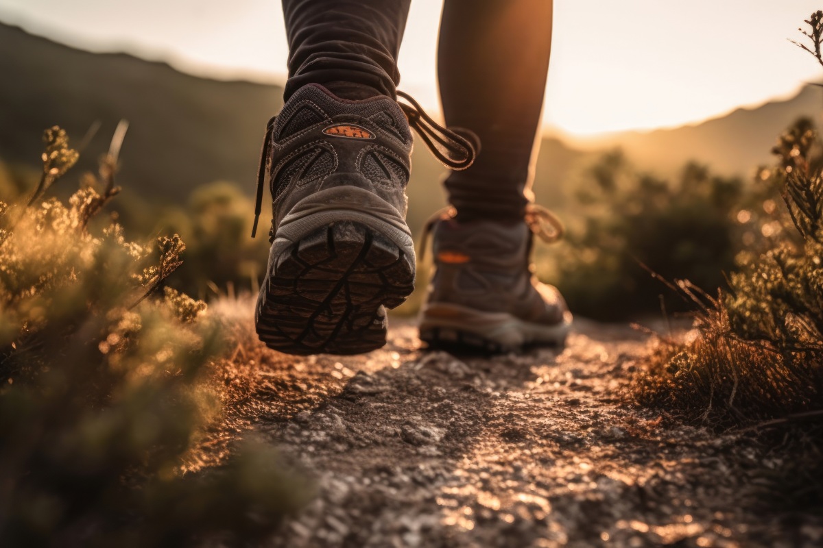 Person hiking up a mountain trail with a close-up of their hiking boots. 
