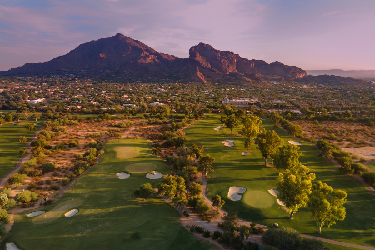 Late evening sun glowing red on Camelback Mountain in Phoenix, Scottsdale, Arizona,USA