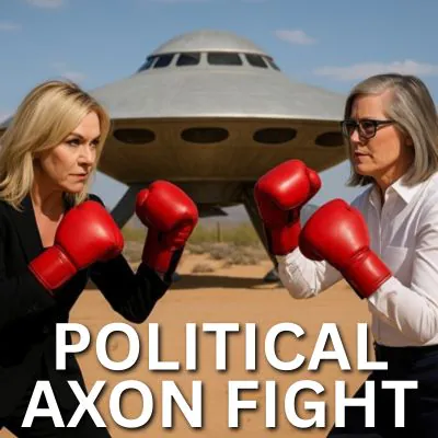 Lisa Borowsky and Katie Hobbs square off in red boxing gloves in the desert, with a UFO behind them.