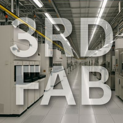 The words 3rd fab written over the Interior of a high-tech semiconductor fabrication plant with clean, symmetrical rows of machines and bright overhead lighting.