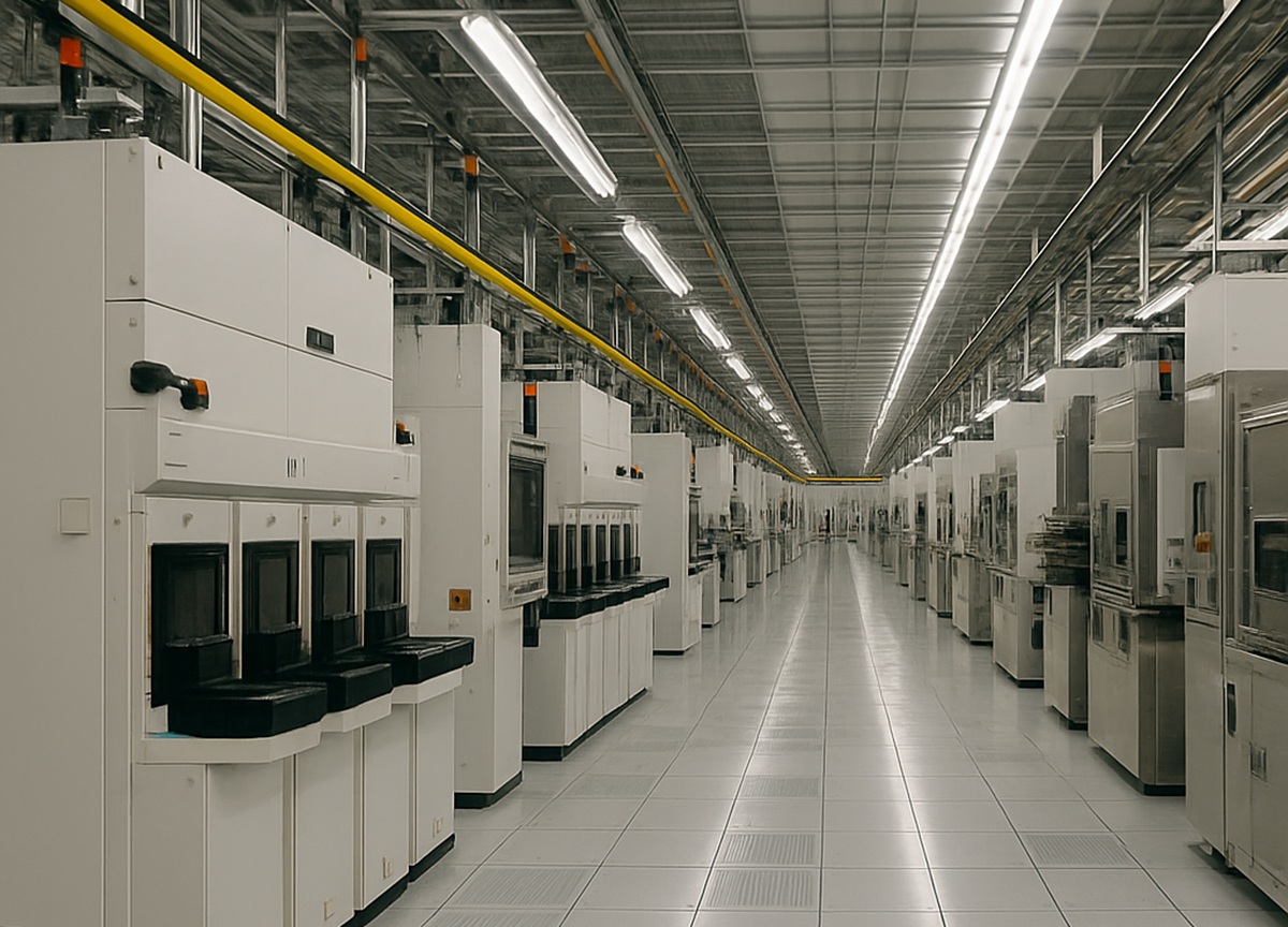 Interior of a high-tech semiconductor fabrication plant with clean, symmetrical rows of machines and bright overhead lighting.