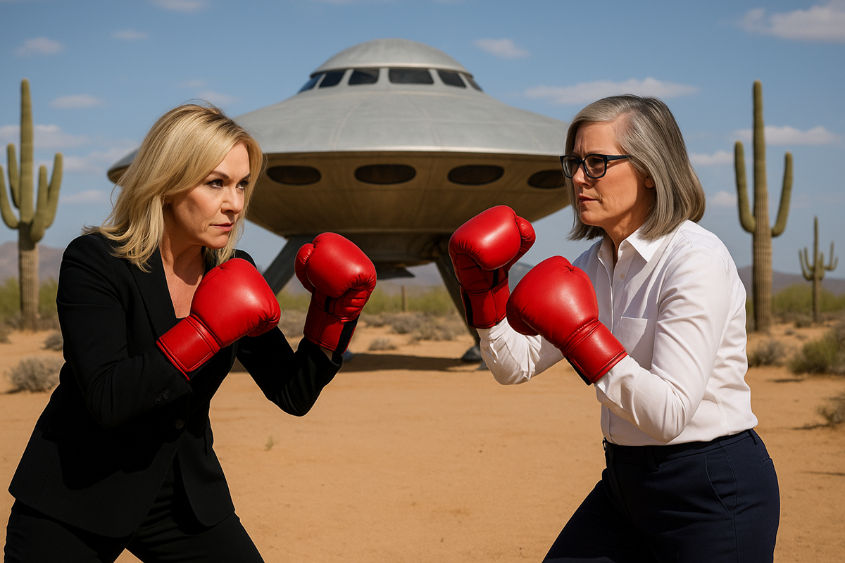 Lisa Borowsky and Katie Hobbs square off in red boxing gloves in the desert, with a UFO behind them.