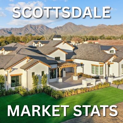 The words 'Scottsdale market stats' written over a luxury home with mountain views.