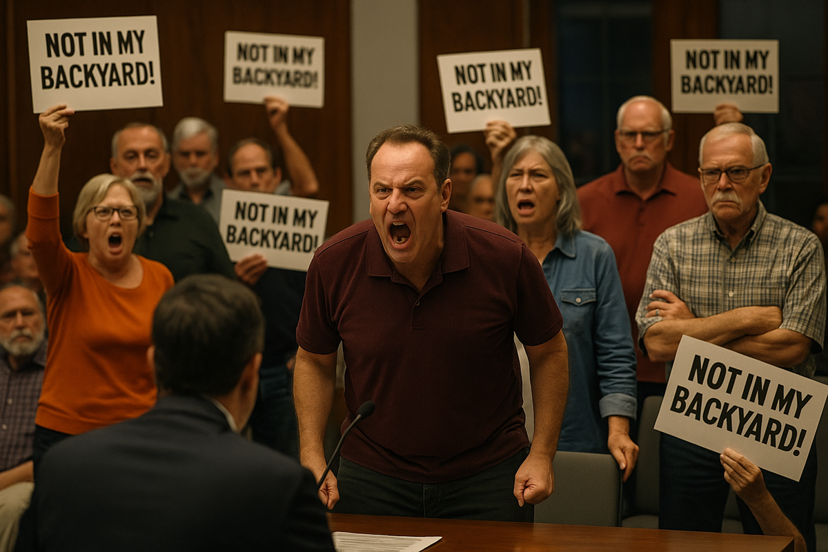 Angry residents at a city council meeting shout and hold "Not In My Backyard!" signs while confronting an unseen official.