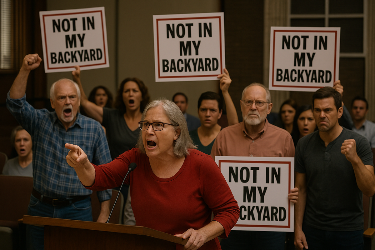 A woman speaks fiercely at a public hearing podium as protesters behind her raise matching NIMBY signs and shout in opposition.