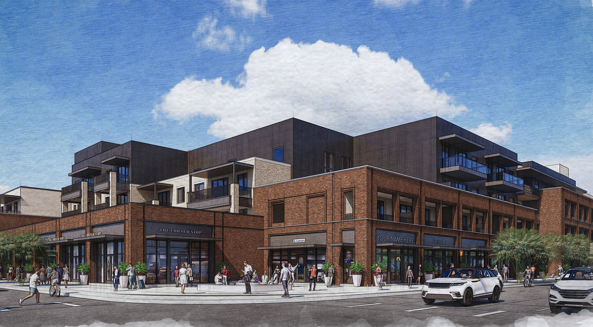 Architectural rendering of 5th & goldwater project showcasing brick storefronts, modern upper-level residences, outdoor seating, and active street scene.