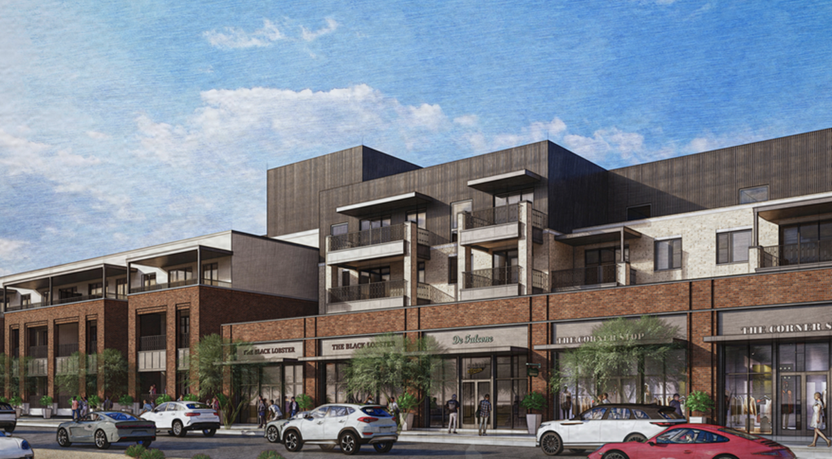 Rendering of 5th & goldwater mixed-use development featuring brick facades, residential balconies, and street-level retail with pedestrians and vehicles.
