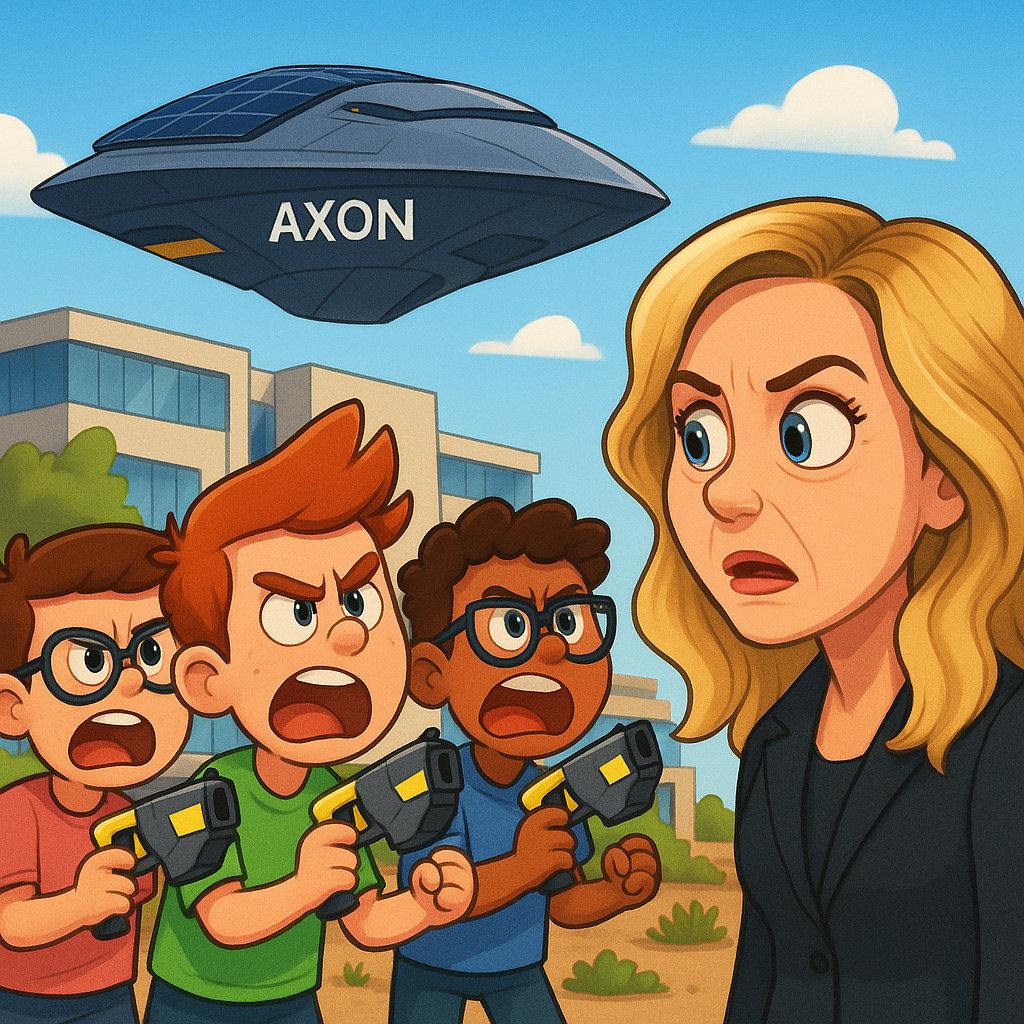 Cartoon-style illustration featuring childlike versions of AXON employees, holding toy Tasers and angrily confronting a stylized, animated version of Scottsdale Mayor Lisa Borowsky.