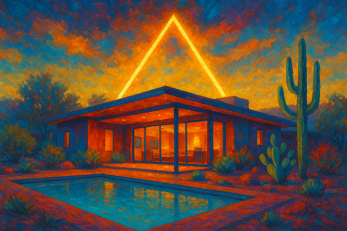Artistic rendering of a home and pool with a triangle above them.