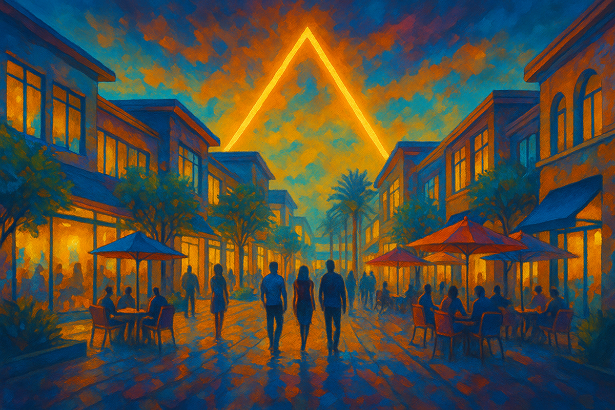 A stylish rendering of an outdoor mall with a traingle behind it.