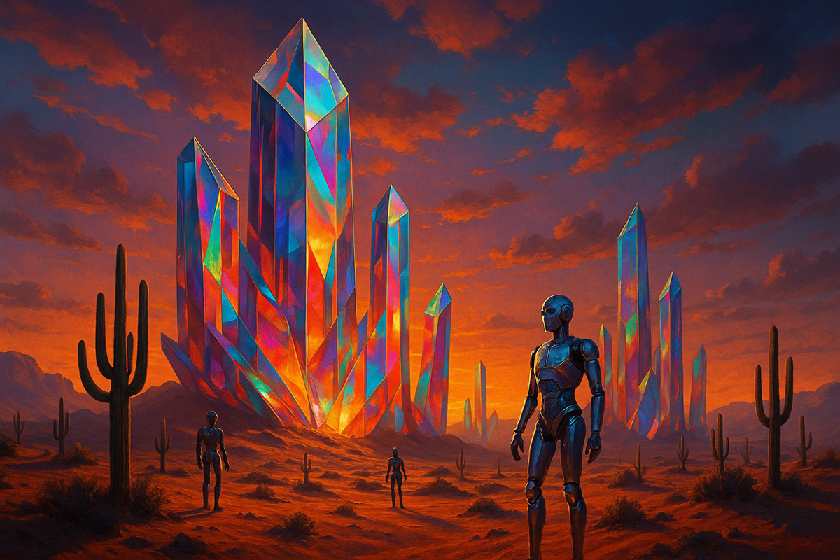 Robots exploring a desert with towering glowing crystal structures at sunset.