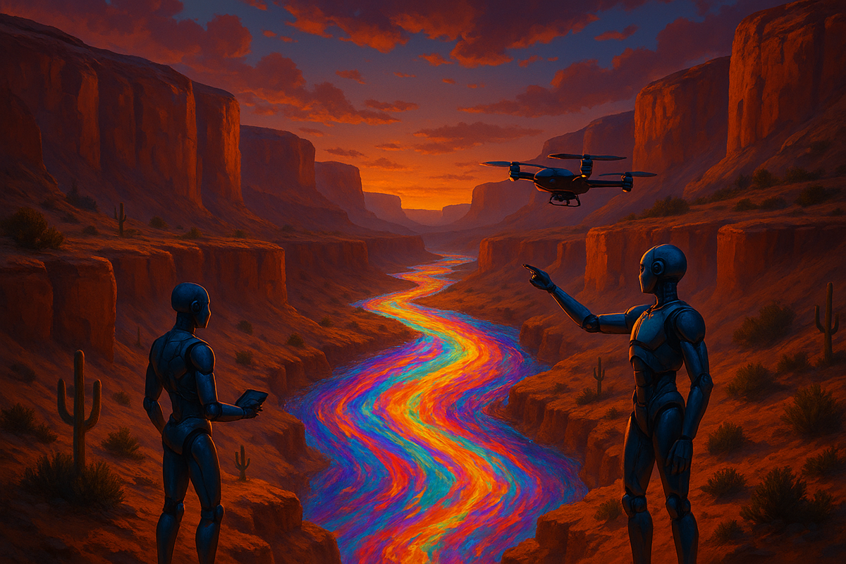 Robots by a glowing crystal river in a desert canyon at sunset.