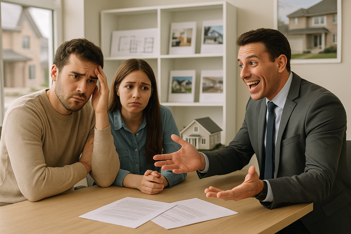 A worried couple sits across from a cheerful agent in an office, with housing documents on the table.