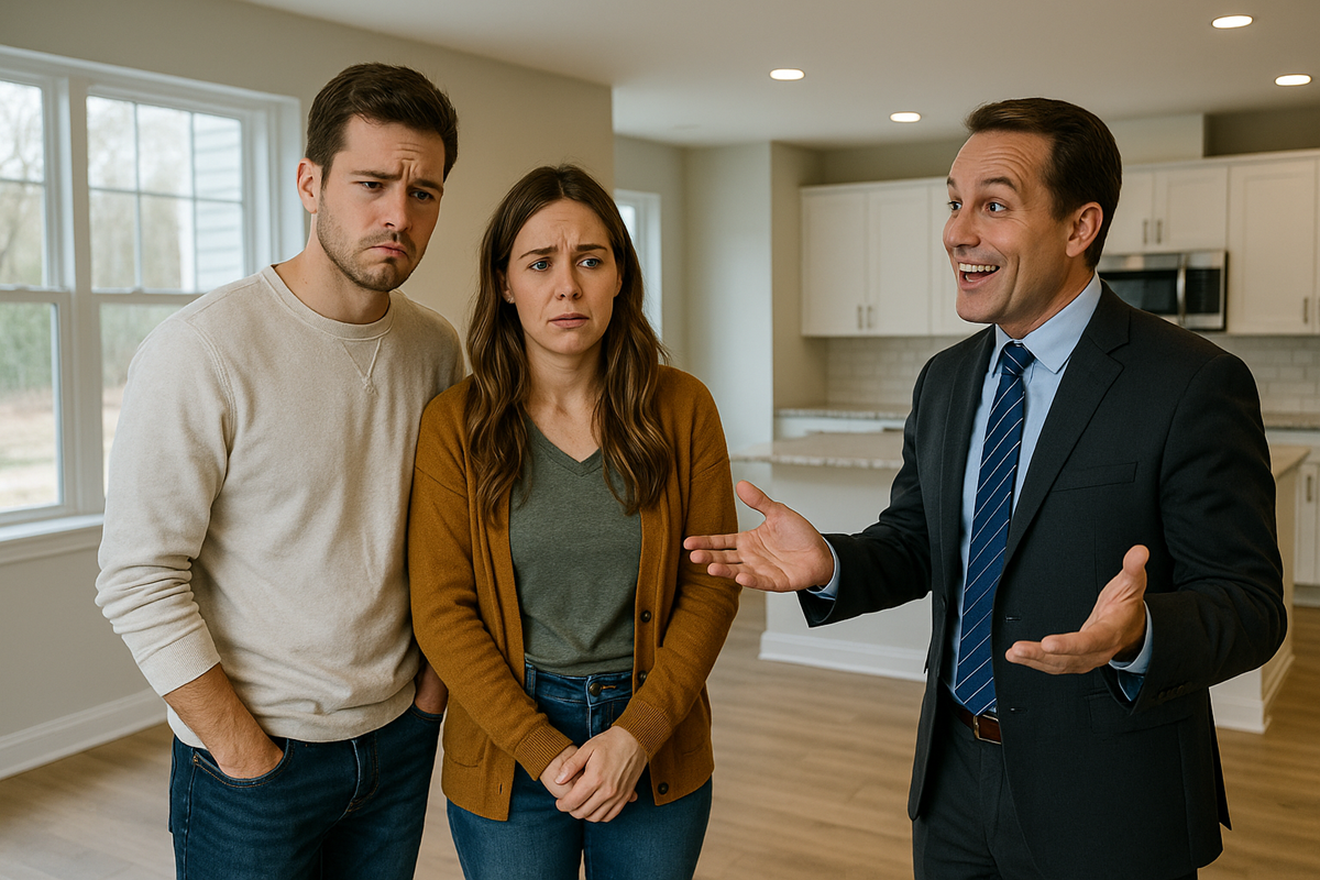 A concerned couple listens to an overly enthusiastic real estate agent in a new home.