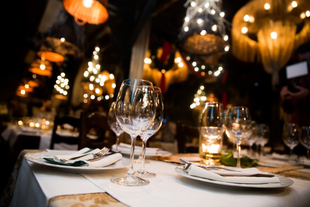 Wine glasses on restaurant table