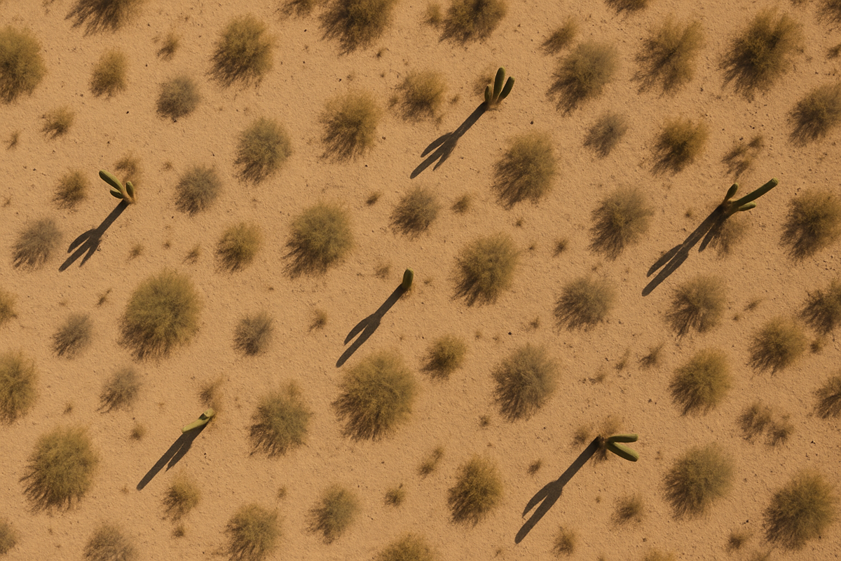 Aerial view of desert terrain with evenly spaced cacti and dry shrubs casting shadows on sandy ground.