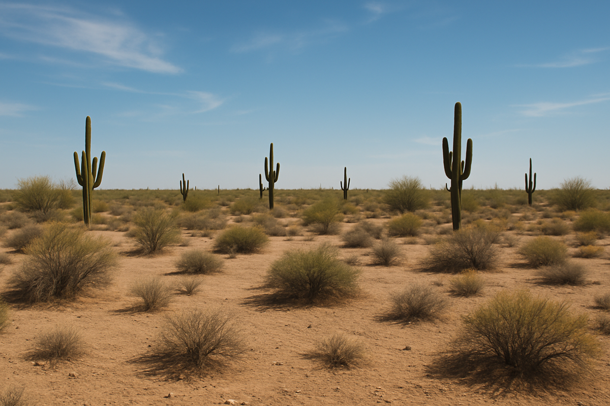 Desert landscape with scattered cacti and shrubs under a clear blue sky.