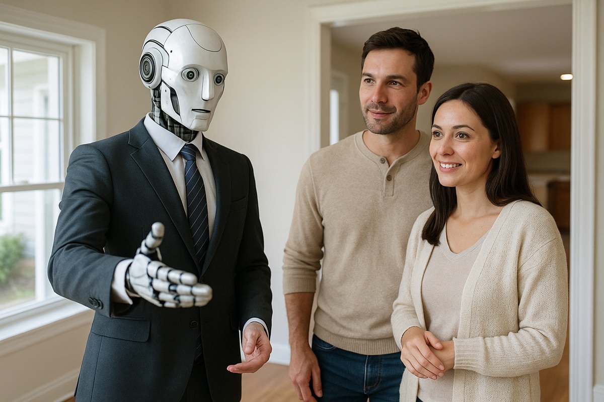 A humanoid robot in a suit shows a house to a smiling couple.